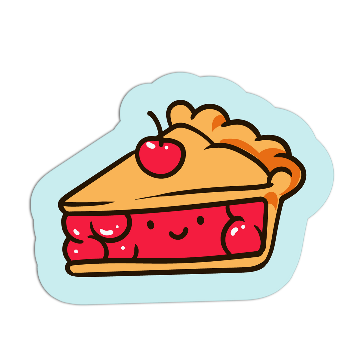 Cartoon slice of cherry pie with a happy face on a light blue background
