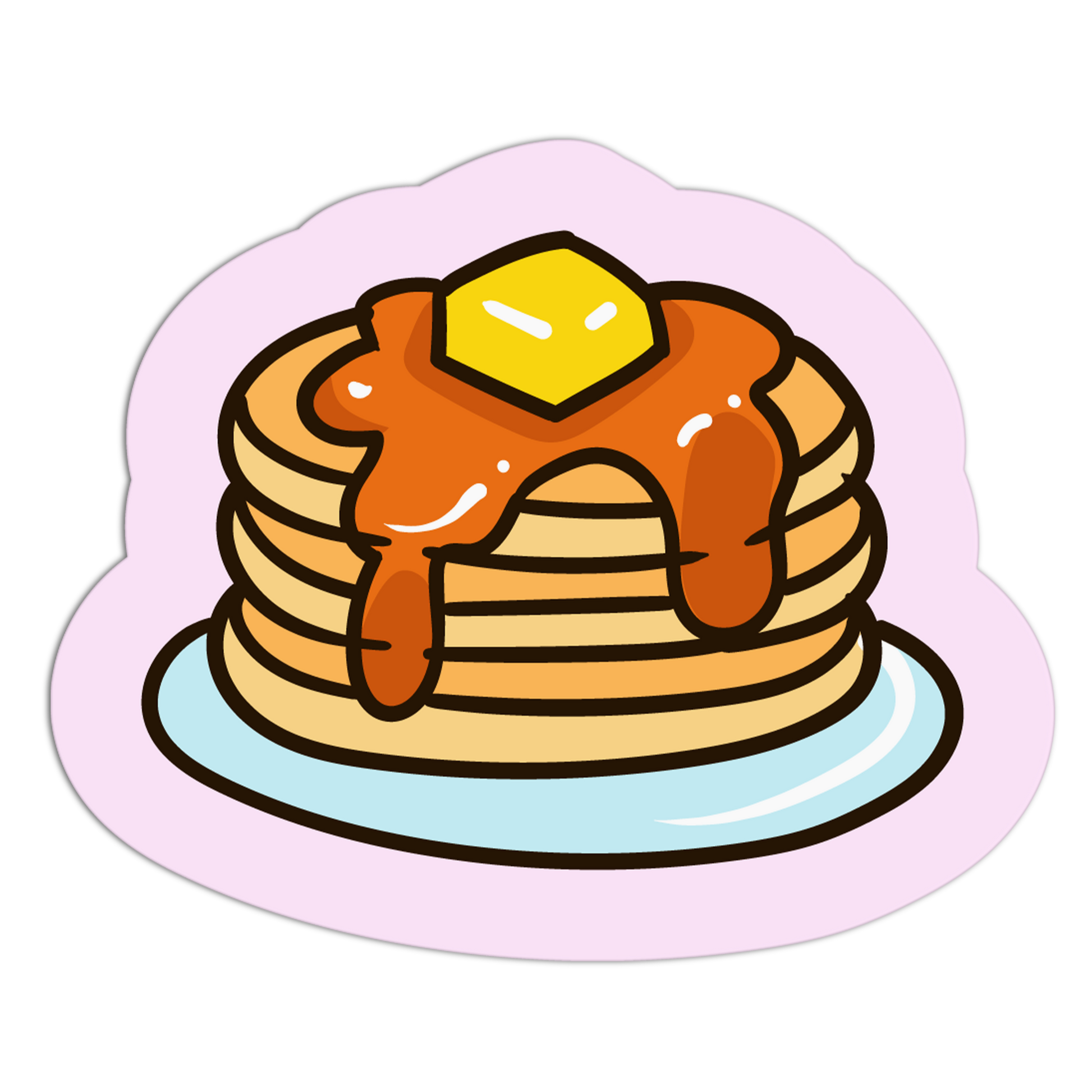 Cartoon illustration of pancakes with syrup and a pat of butter on a plate with a pink border.