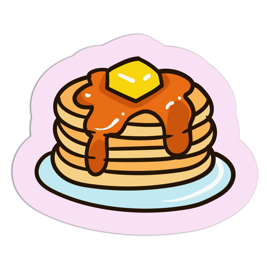 Cartoon illustration of pancakes with syrup and a pat of butter on a plate with a pink border.