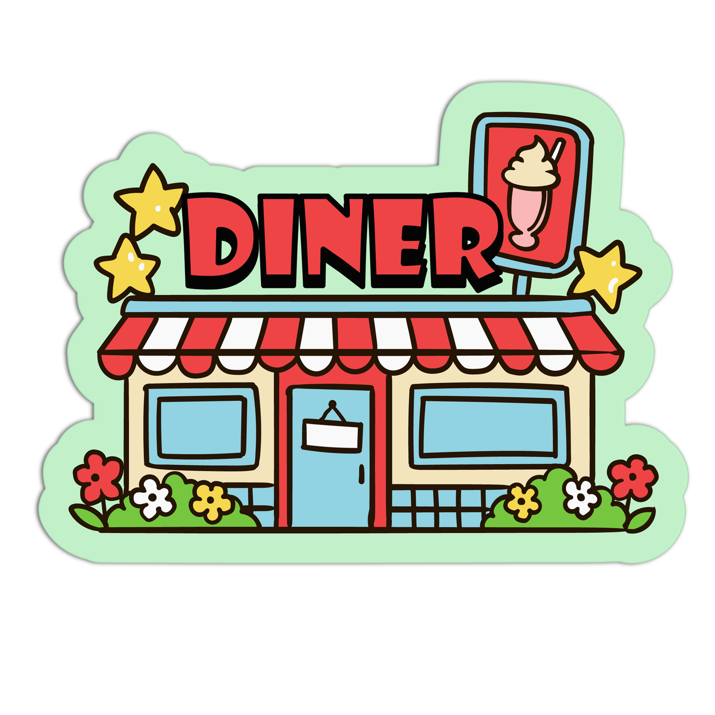 Cartoon-style diner with a sign that says 'Diner' on a light green background.