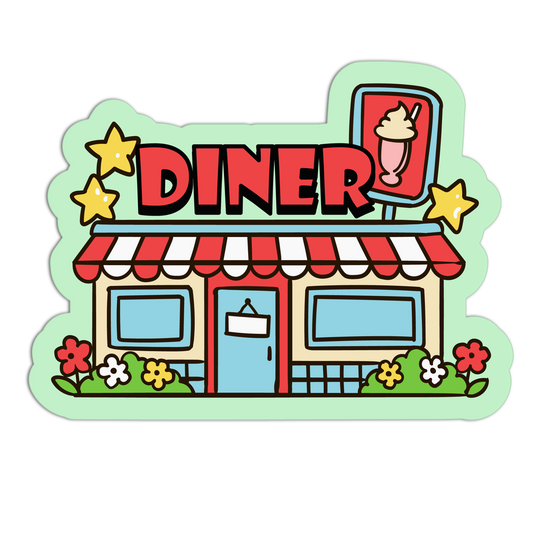 Cartoon-style diner with a sign that says 'Diner' on a light green background.