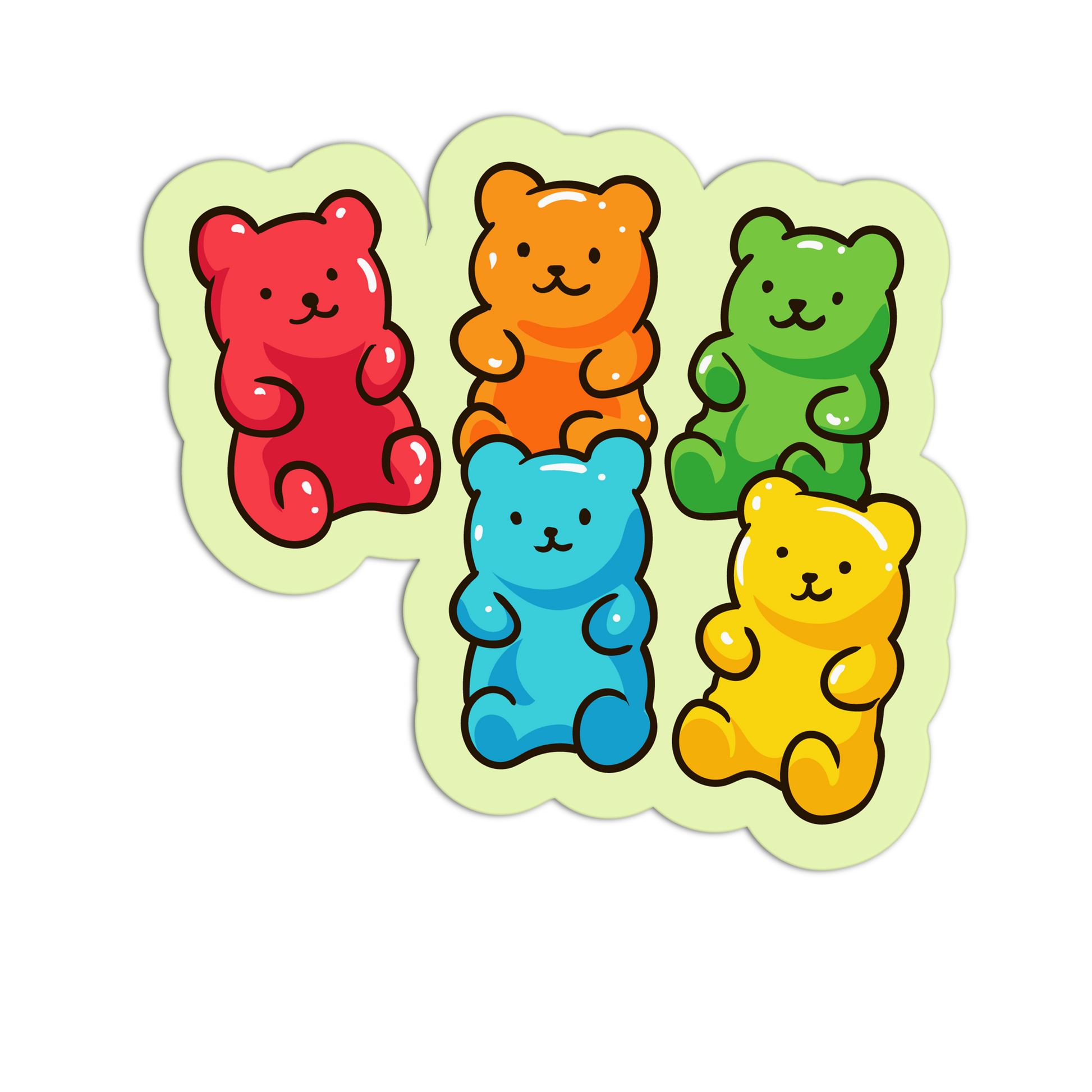 Five colorful cartoon gummy bears on a white background
