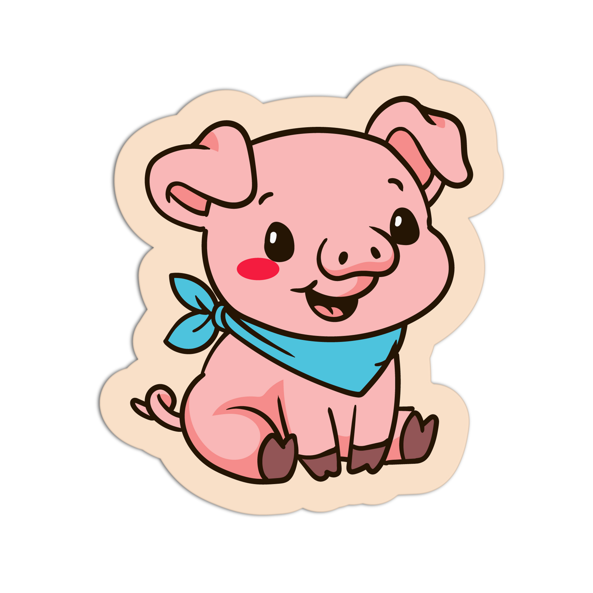 Cartoon pig with a blue bandana on a beige border