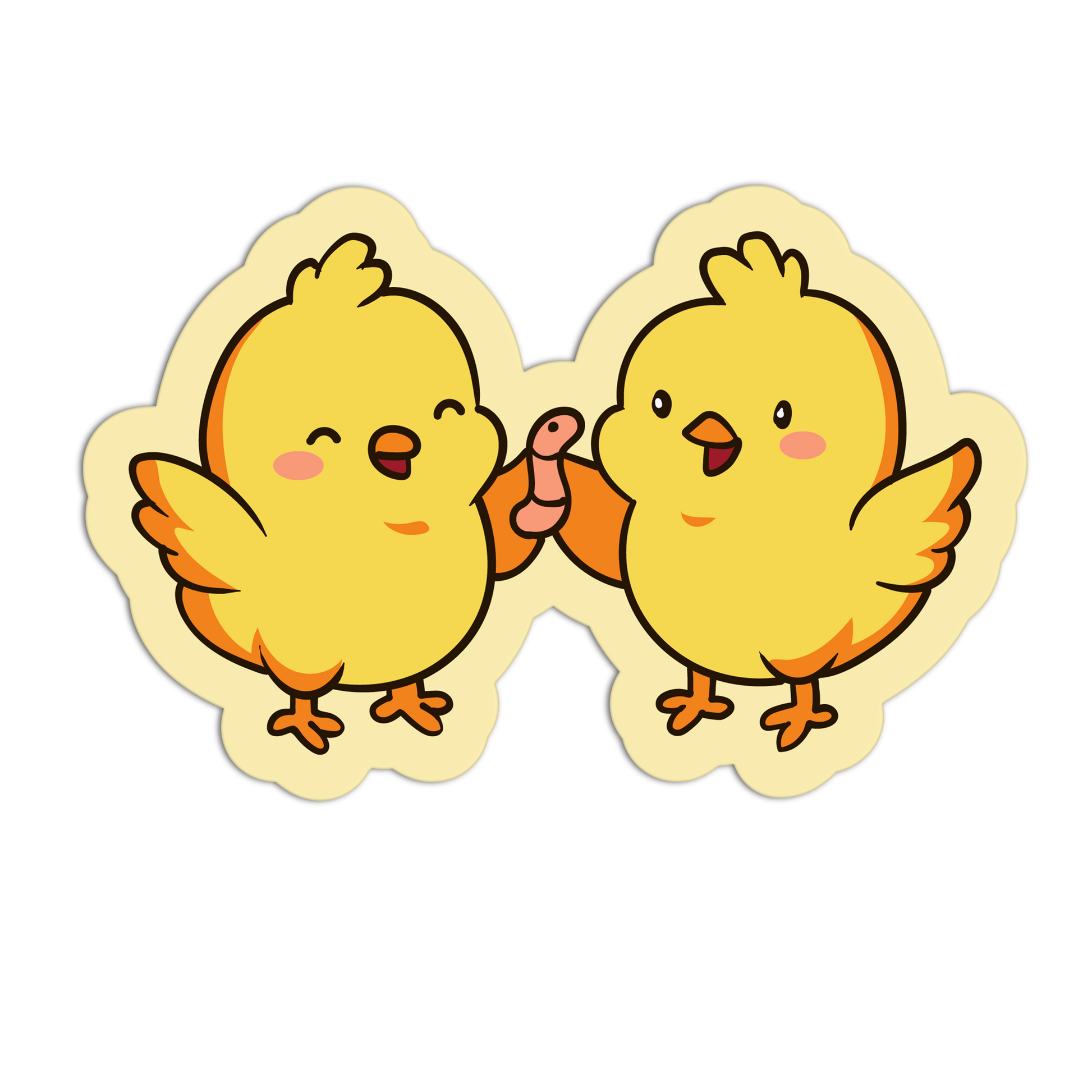 Two cartoon chicks holding hands on a white background