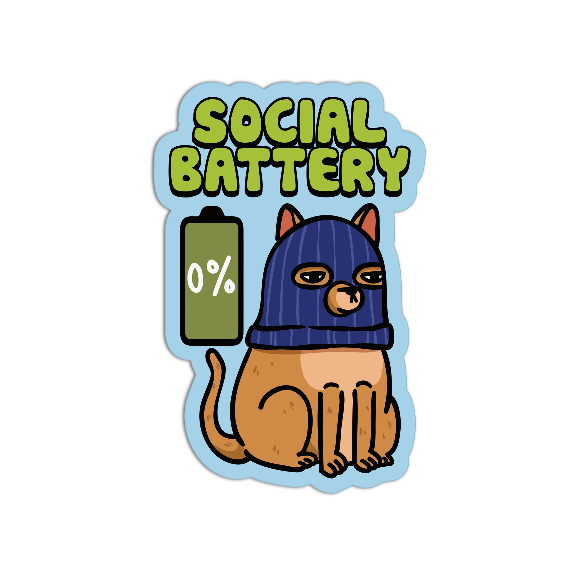 Sticker with a cat wearing a blue beanie and 'Social Battery' text on a white background