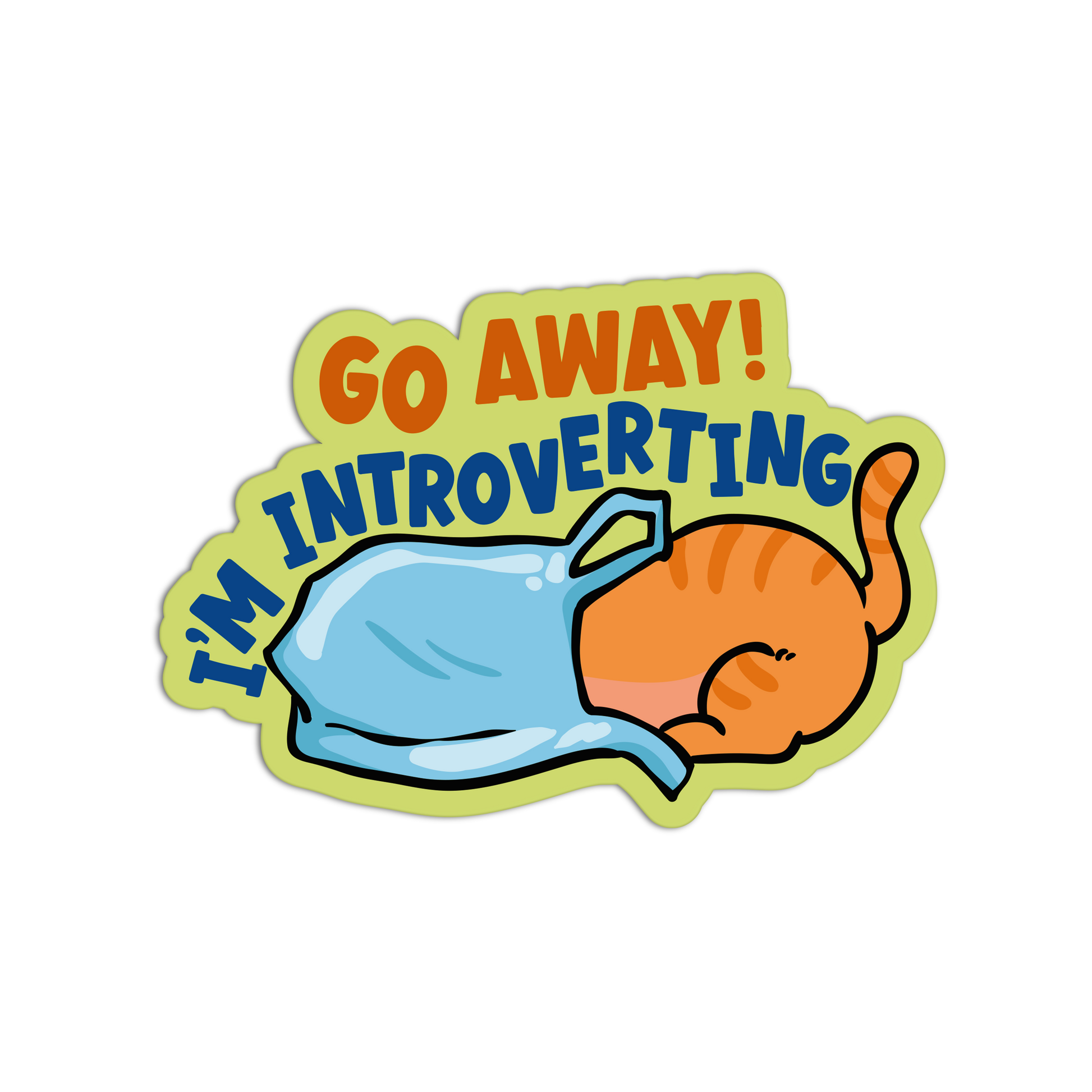 Cartoon cat under a blanket with 'Go Away! I'm Introverting' text on a white background