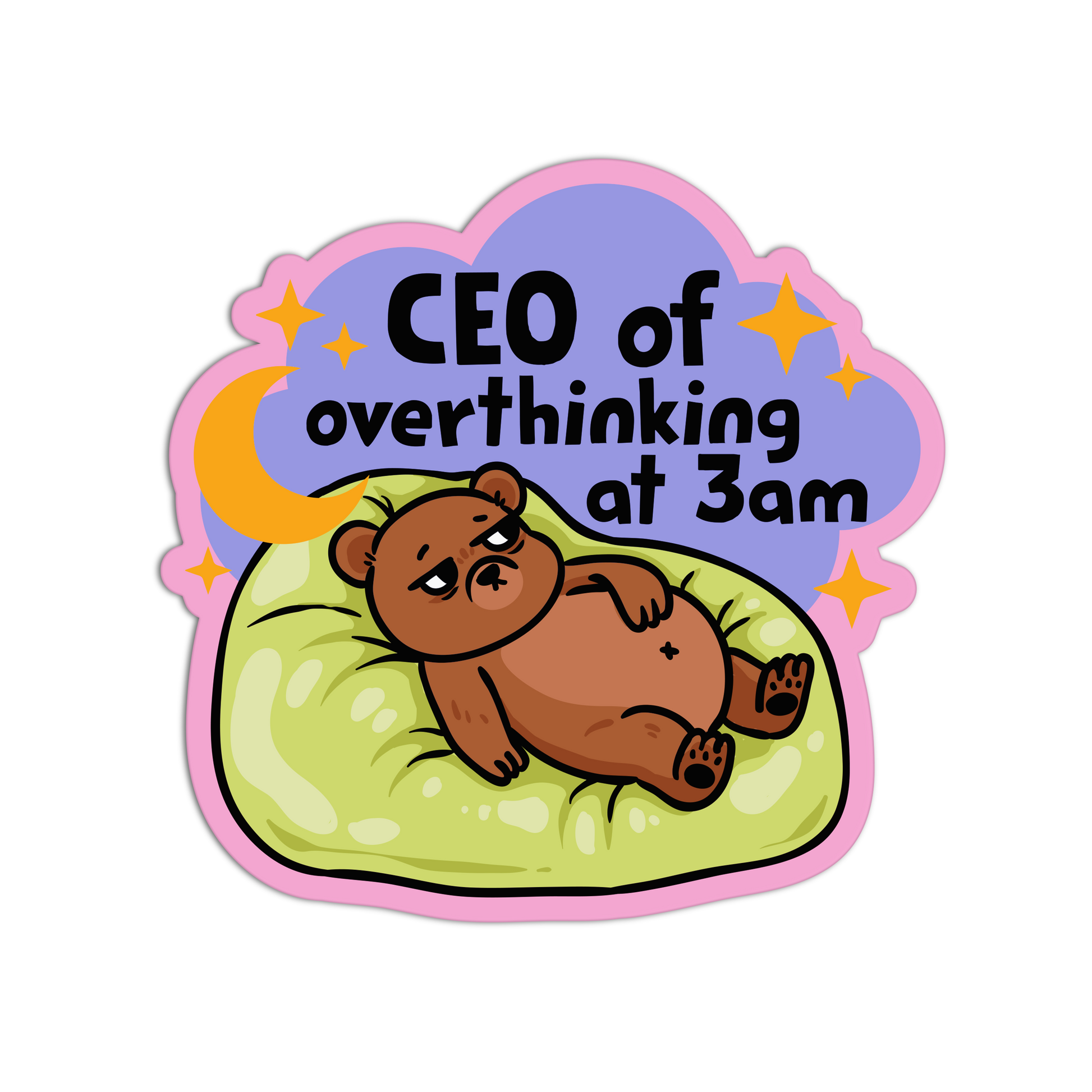 Sticker with a bear lying on a pillow and text 'CEO of overthinking at 3am' on a purple cloud background.