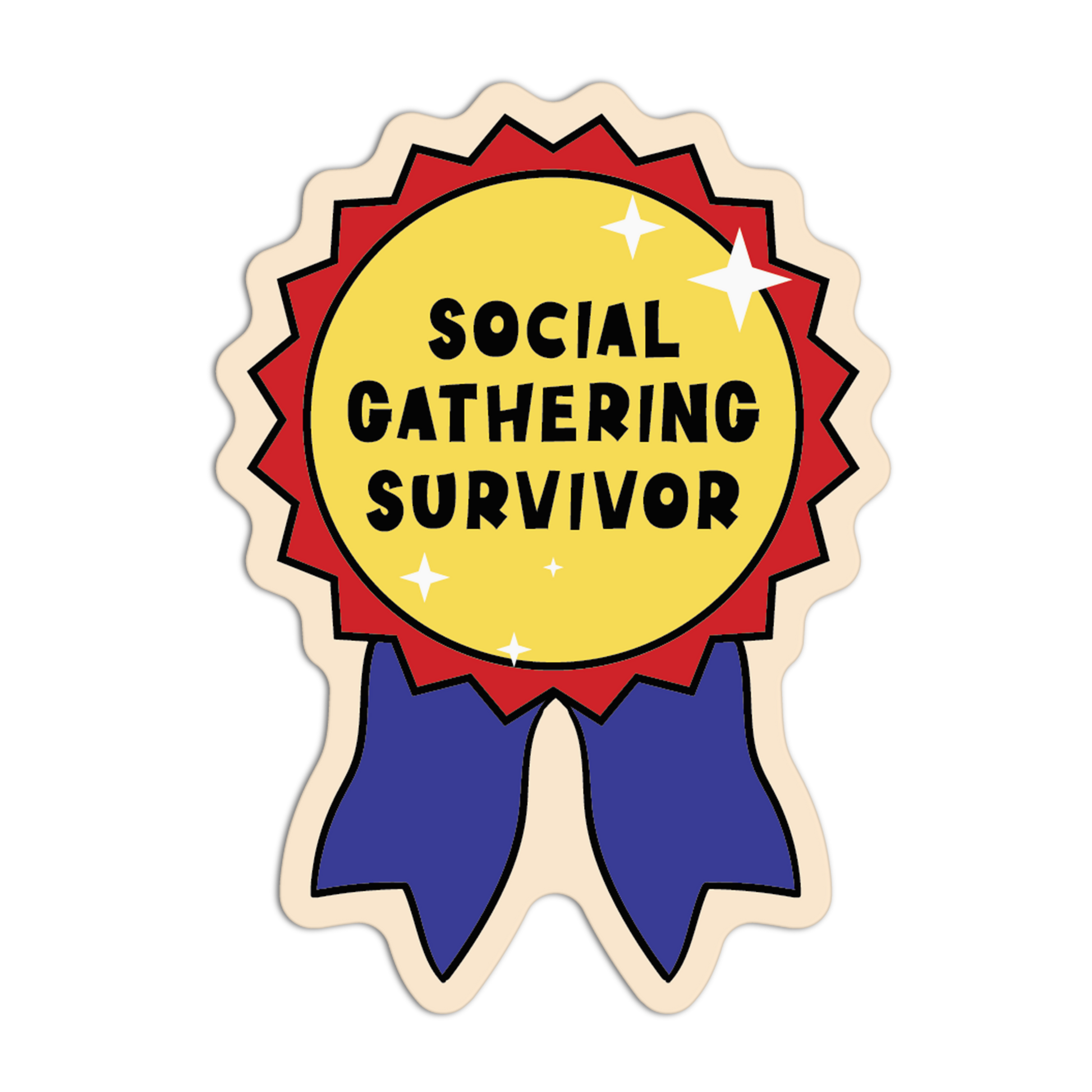 Badge with 'Social Gathering Survivor' text on a yellow background with red border and blue ribbon.