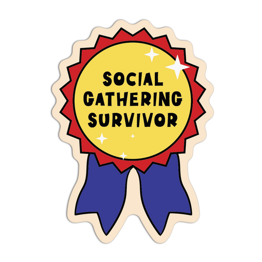 Badge with 'Social Gathering Survivor' text on a yellow background with red border and blue ribbon.