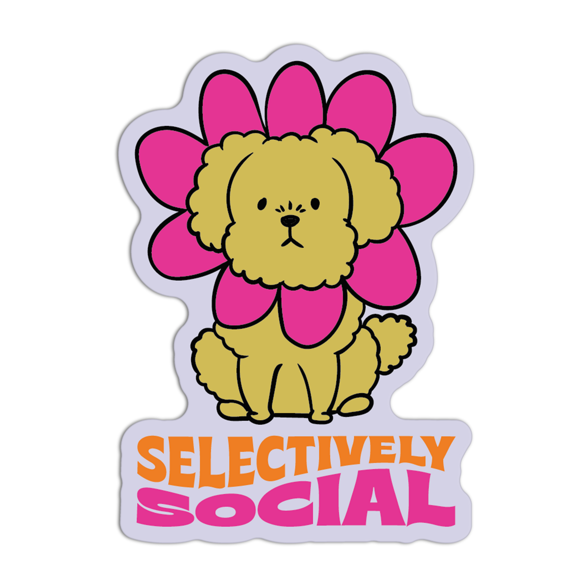 Sticker with a dog inside a pink flower and 'SELECTIVELY SOCIAL' text on a white background
