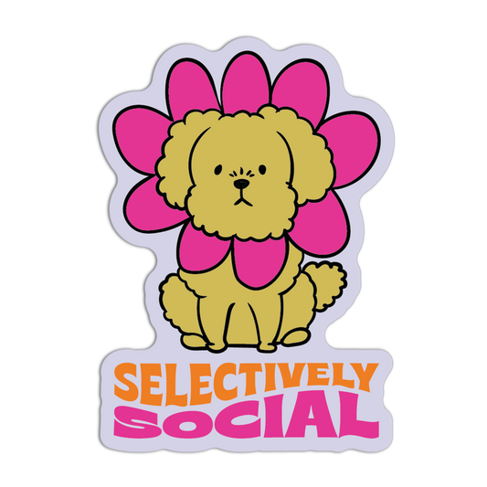 Sticker with a dog inside a pink flower and 'SELECTIVELY SOCIAL' text on a white background