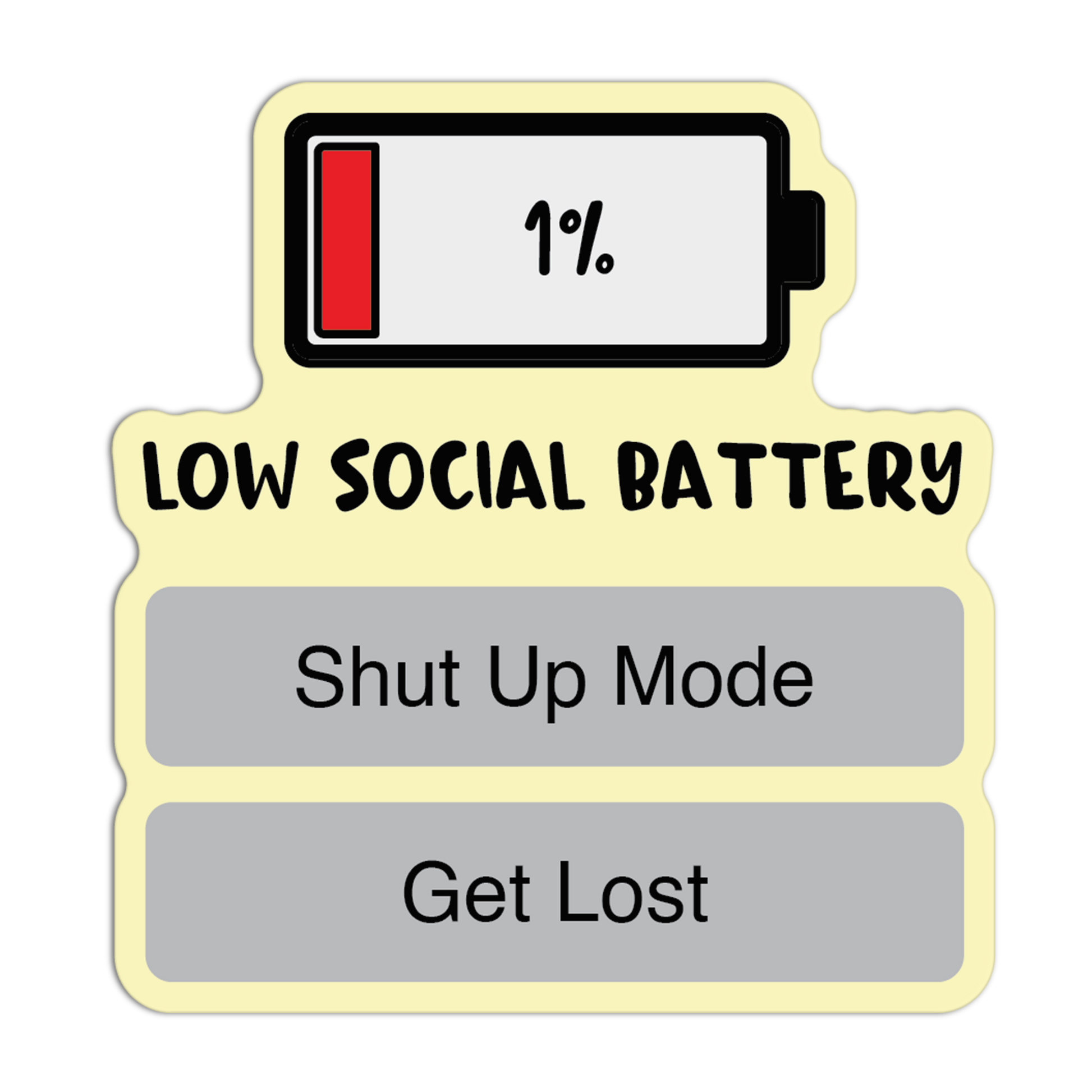 Illustration of a low social battery meter with text 'Low Social Battery' and options 'Shut Up Mode' and 'Get Lost'.