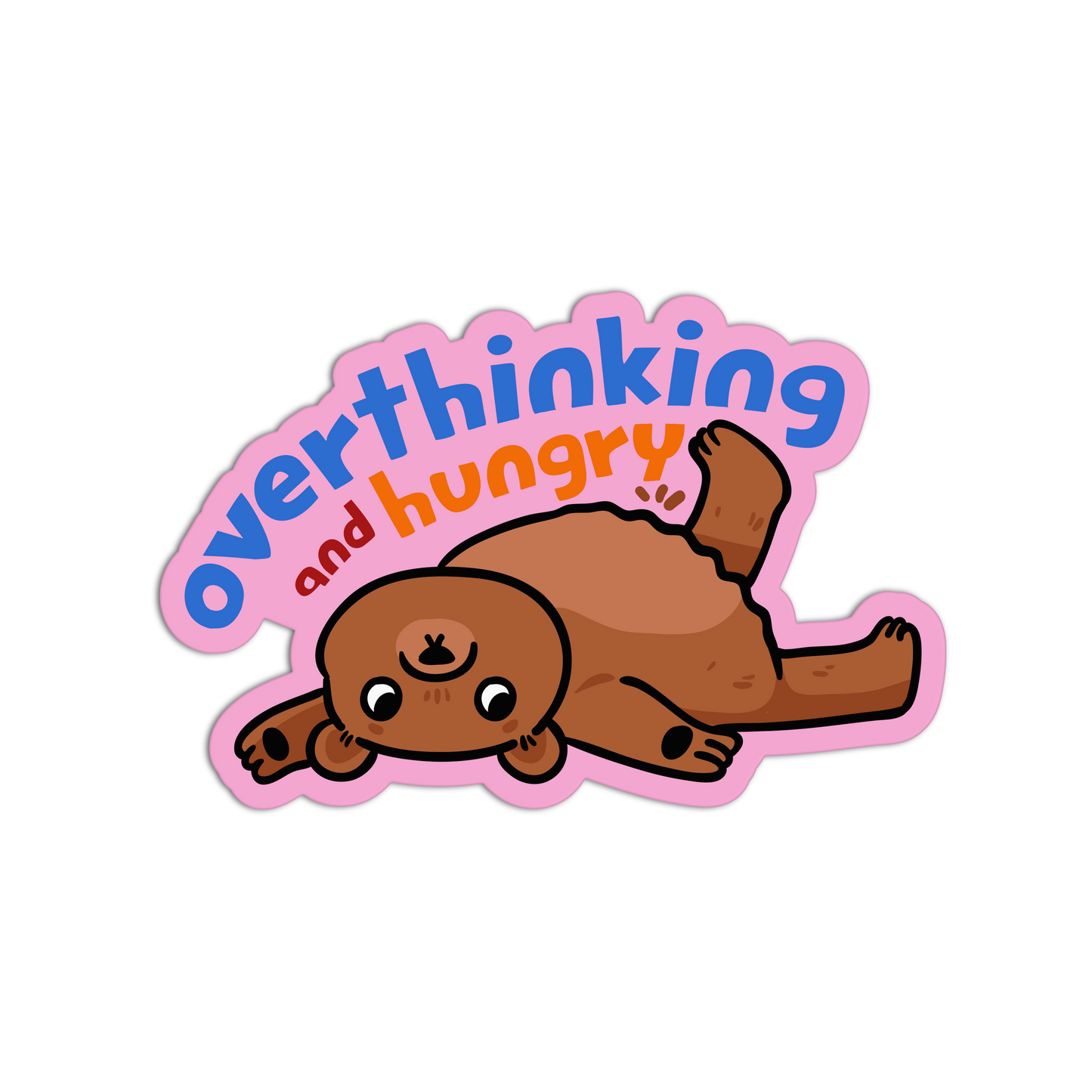 Cartoon sloth with 'overthinking and hungry' text on a white background