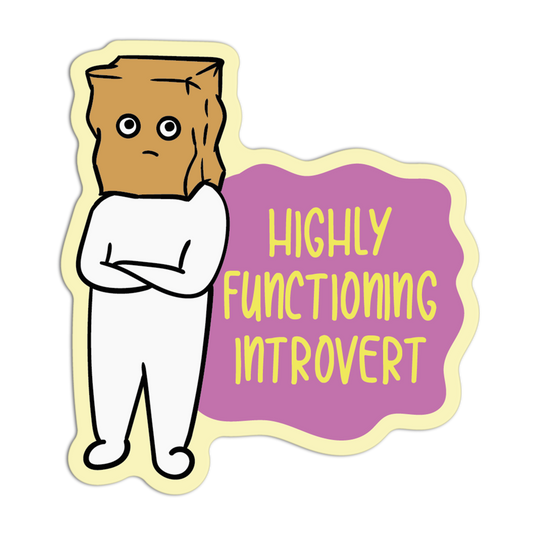 Cartoon character with a 'Highly Functioning Introvert' label on a white background