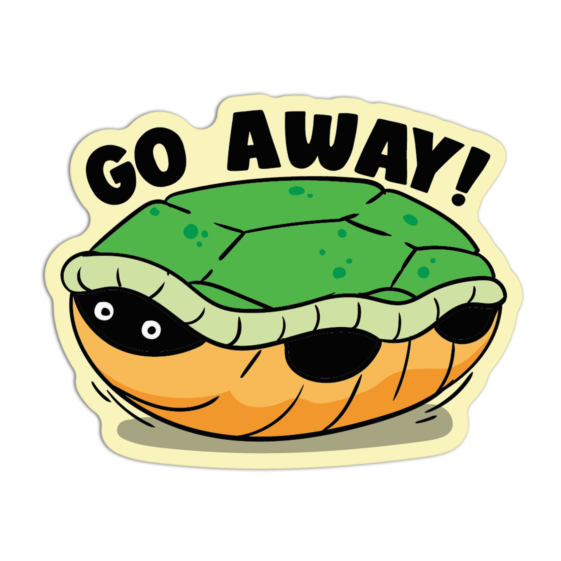 Cartoon turtle with 'GO AWAY!' text on a white background