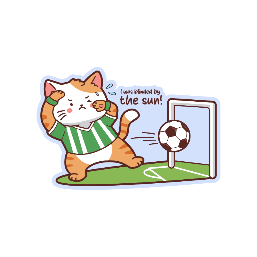 Cartoon cat in a soccer uniform blinded by the sun with a soccer ball and goalpost on a white background.