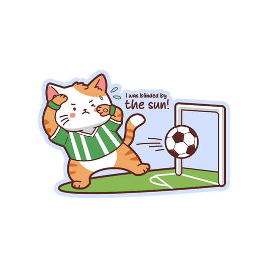 Cartoon cat in a soccer uniform blinded by the sun with a soccer ball and goalpost on a white background.