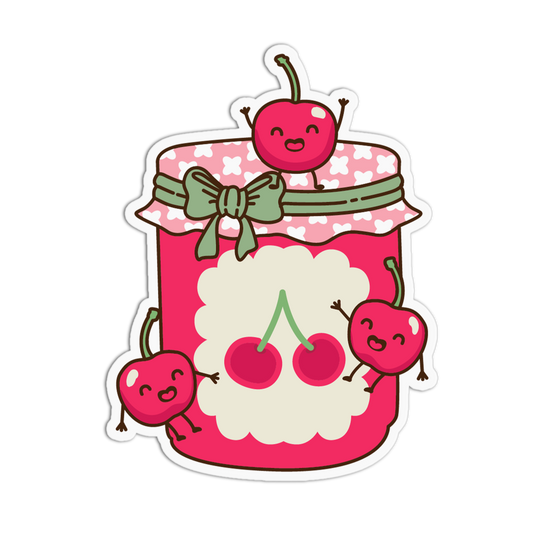 Sticker design of a pink jar with cherries and a bow on a white background