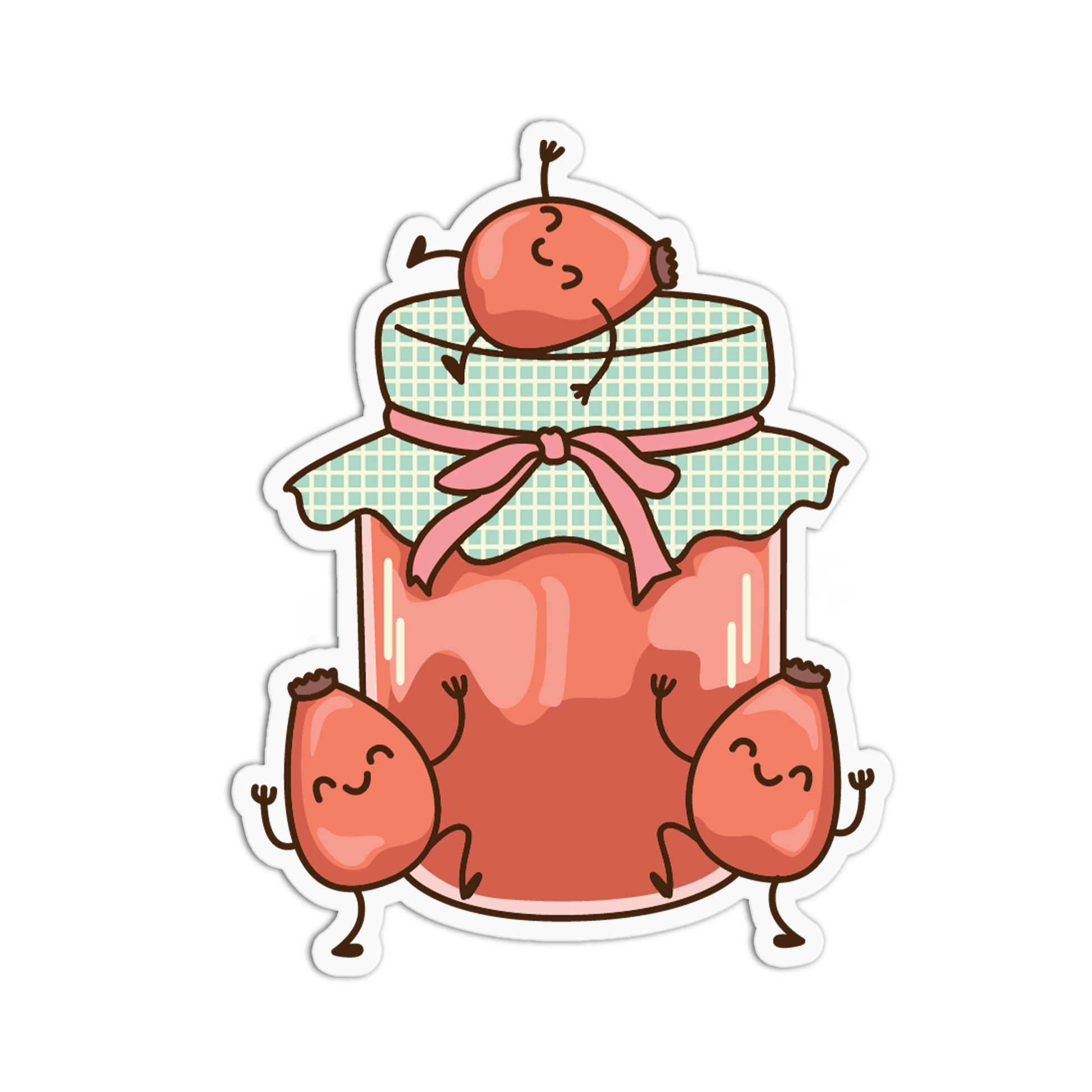 Cartoon jar of jam with cherry characters on a transparent background