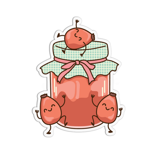 Cartoon jar of jam with cherry characters on a transparent background