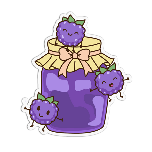 Sticker of a purple jam jar with cute berries on a white background