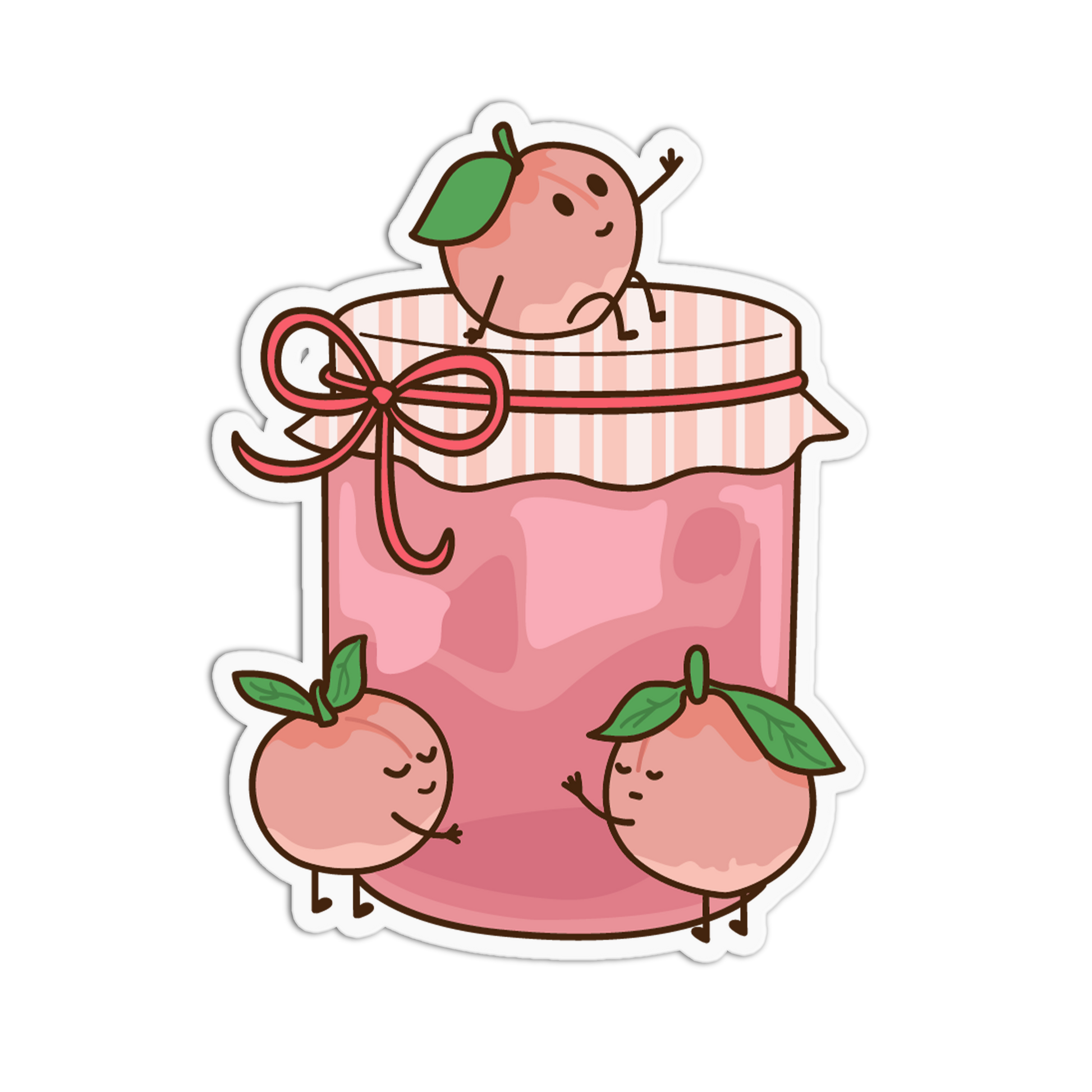 Sticker design of a jar of pink peach jam with cartoon peaches on a white background