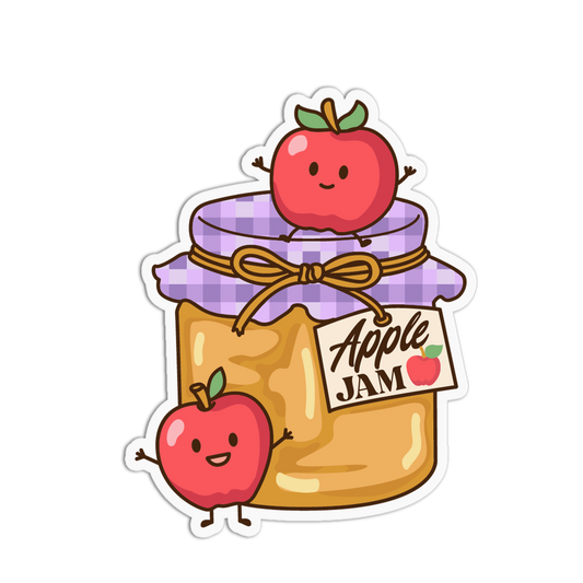 Sticker of a jar of apple jam with cartoon apples on a transparent background