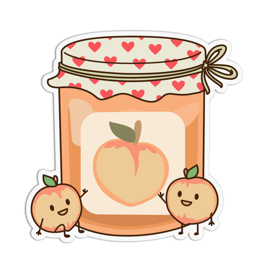 Cartoon peach jam jar with two cute peach characters on a white background