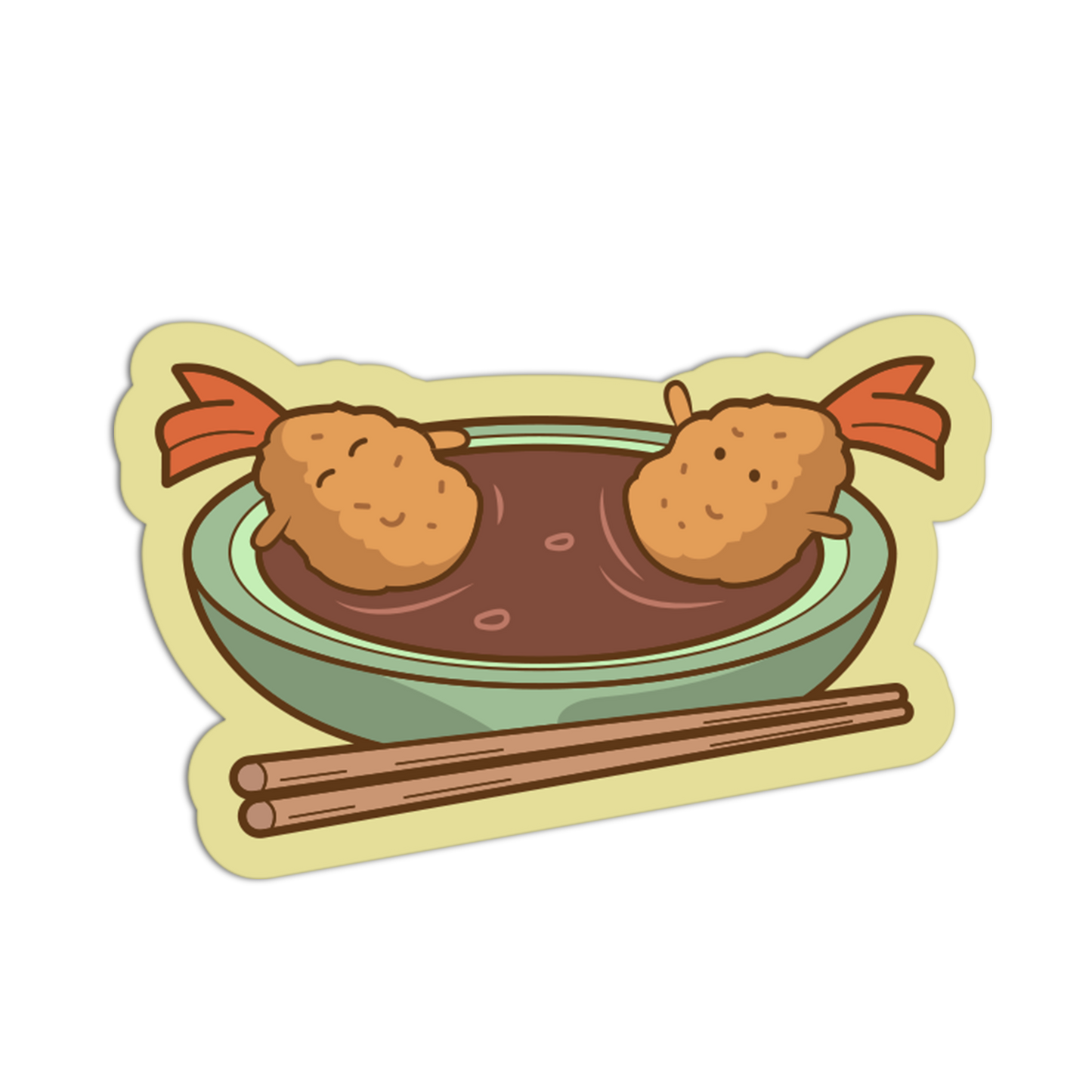 A cartoon-style die-cut sticker or decal showing two smiling fried food pieces in a bowl of dark sauce with orange tails, plus chopsticks, on a plain white background.