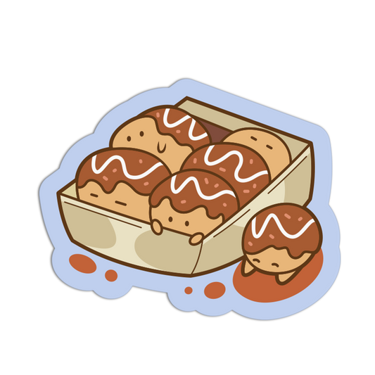 A cute cartoon sticker or decal showing a box of round brown pastries with white drizzle, plus one pastry sitting outside the box, on a plain white background.