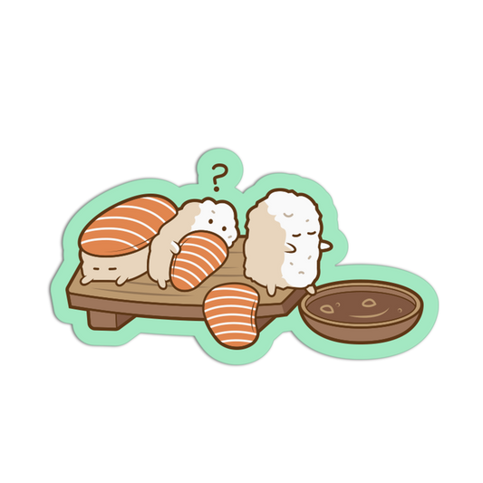 A cute cartoon sticker or decal showing three small sheep-like characters resting on sushi pieces on a wooden plate, with a bowl of sauce beside them, all on a white background.
