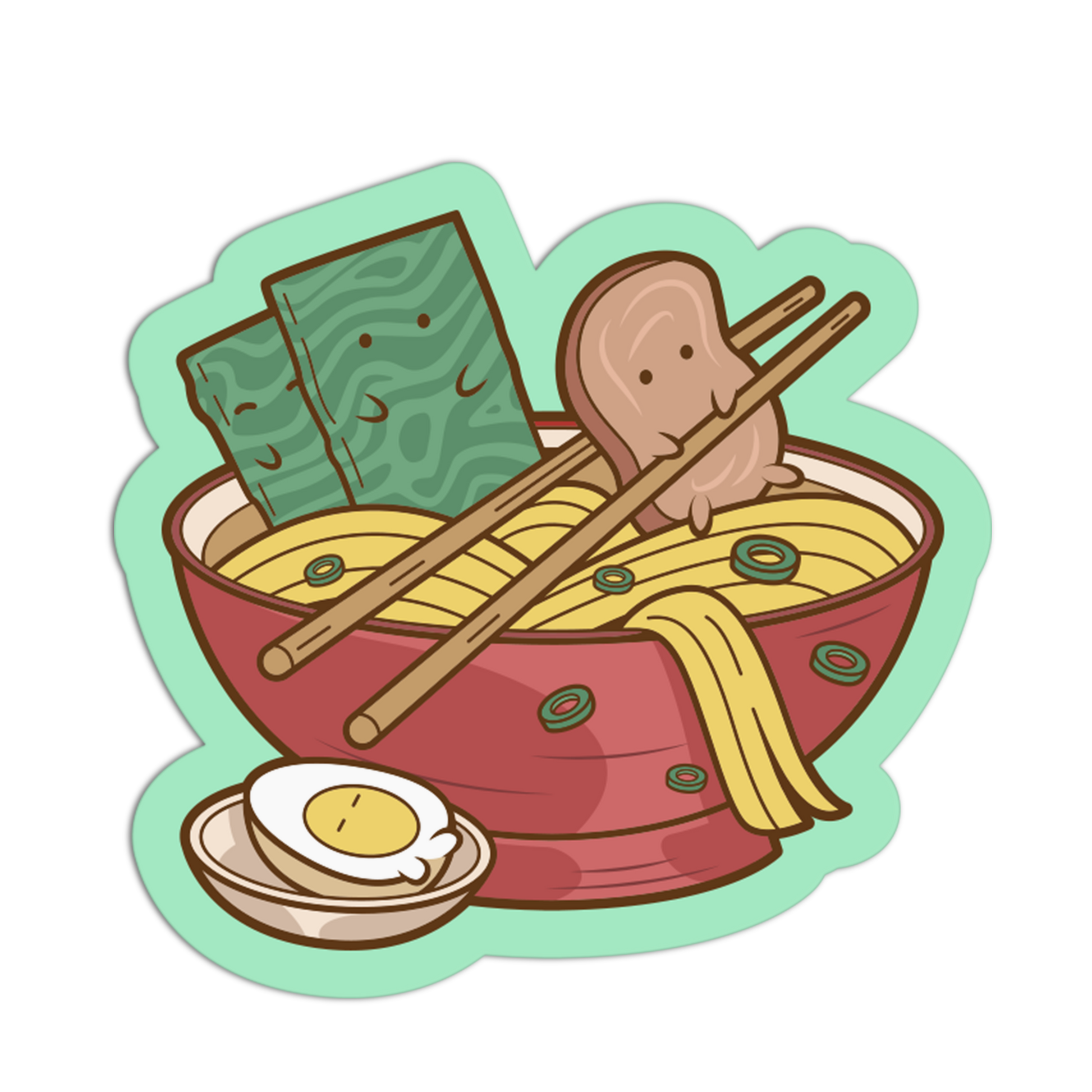 A cute cartoon illustration of a bowl of ramen with chopsticks, green seaweed, a slice of meat, noodles, a soft-boiled egg, and a small side dish, all arranged inside a mint-green die-cut outline on a plain white background.