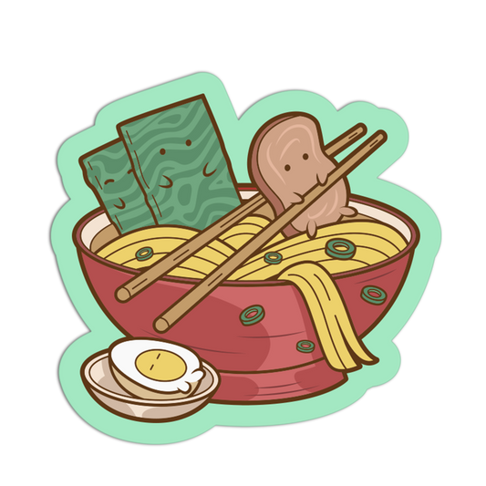 A cute cartoon illustration of a bowl of ramen with chopsticks, green seaweed, a slice of meat, noodles, a soft-boiled egg, and a small side dish, all arranged inside a mint-green die-cut outline on a plain white background.