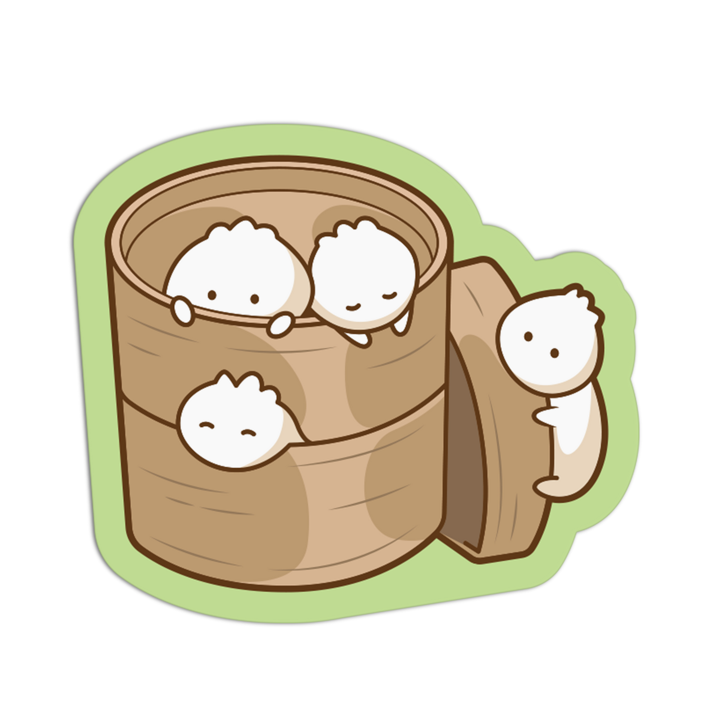 A cartoon sticker-style illustration of four white fluffy characters peeking out of a bamboo steamer basket, with the lid leaning against it on a light green background.
