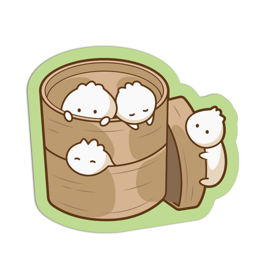 A cartoon sticker-style illustration of four white fluffy characters peeking out of a bamboo steamer basket, with the lid leaning against it on a light green background.