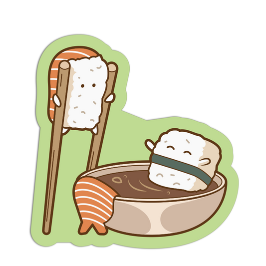 A cute cartoon sticker or decal showing two smiling sushi characters: one standing on chopsticks with orange-striped salmon and white rice, and one sitting in a bowl of brown sauce with a dark green band. The design has a light green die-cut outline on a white background.