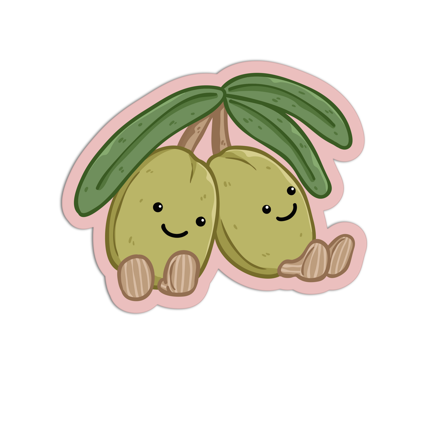 Two cartoon avocados with smiling faces and a pink background