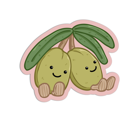 Two cartoon avocados with smiling faces and a pink background