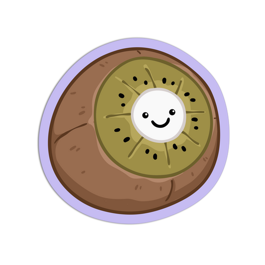 Cartoon kiwi with a smiley face on a white background