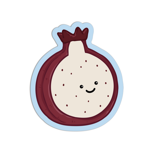 Cartoon pomegranate character with a smile on a white background