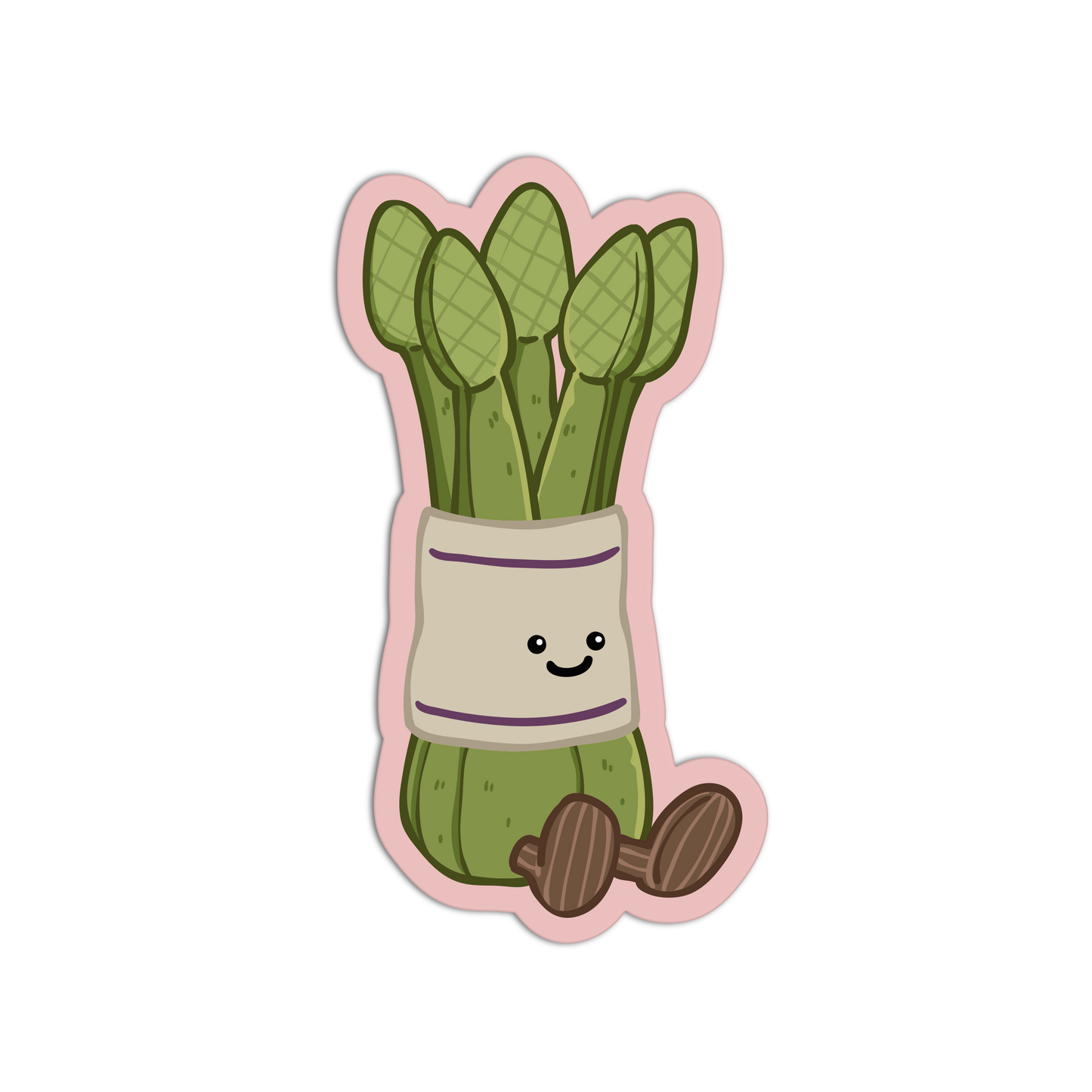 Cartoon-style asparagus character with a happy face on a white background