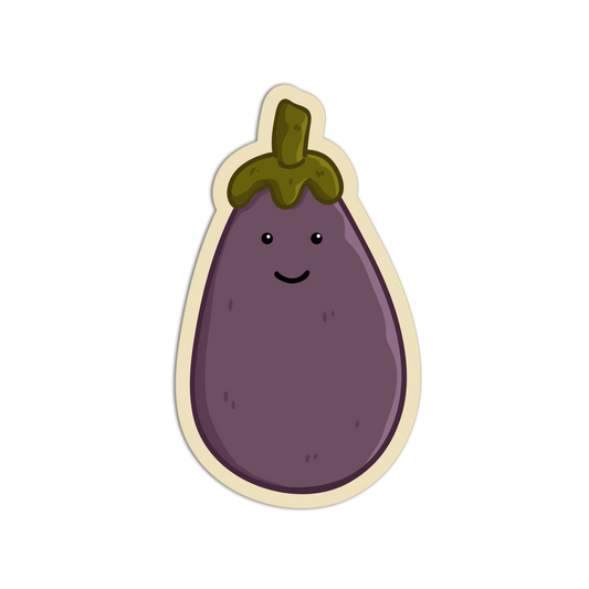 Cartoon eggplant with a smiling face on a white background