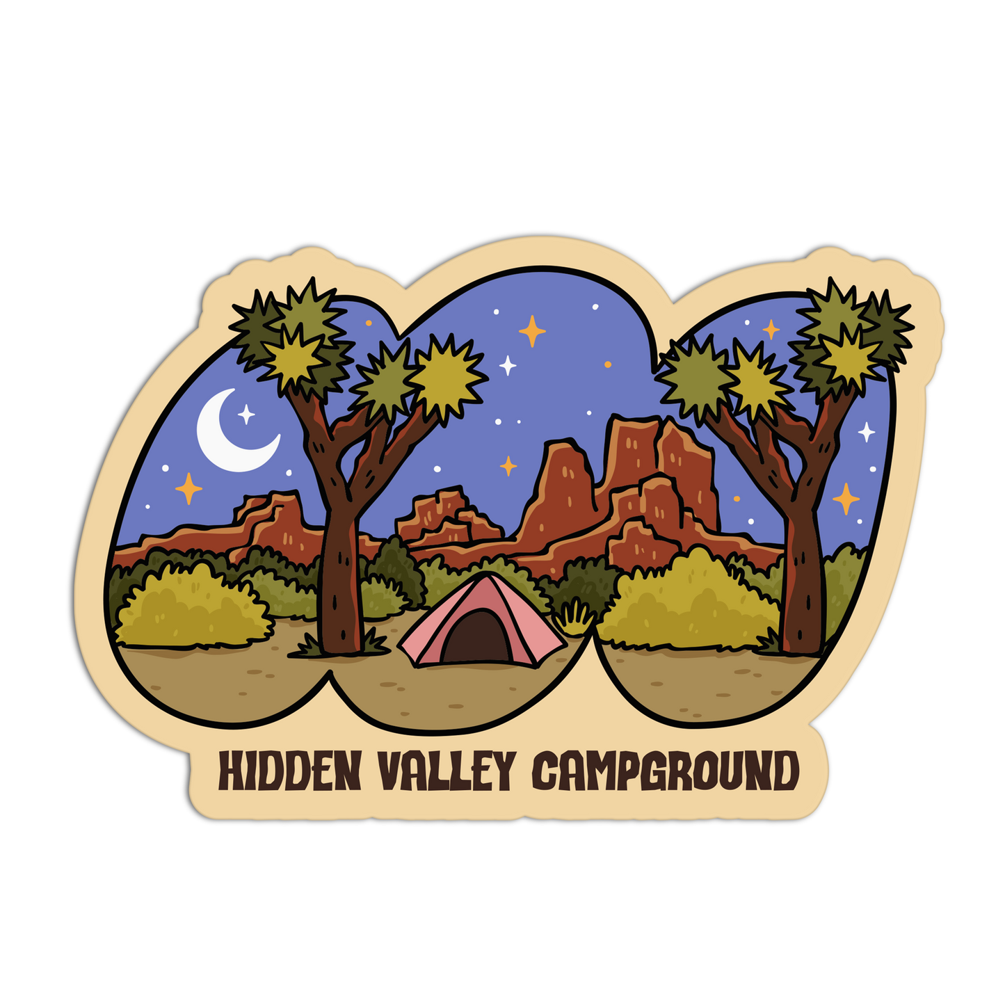 Sticker of a camping scene with trees, tent, and mountains under a starry sky, labeled 'Hidden Valley Campground'.