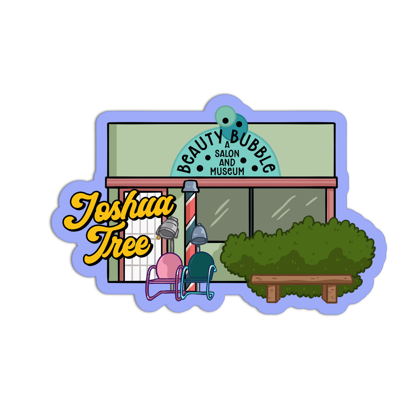 Illustration of a salon and museum named 'Beauty Bubble' with 'Joshua Tree' text.