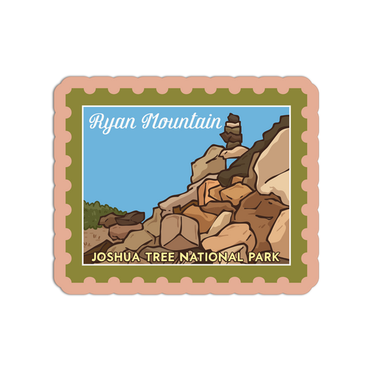 Sticker of Ryan Mountain at Joshua Tree National Park with a scenic illustration on a white background.
