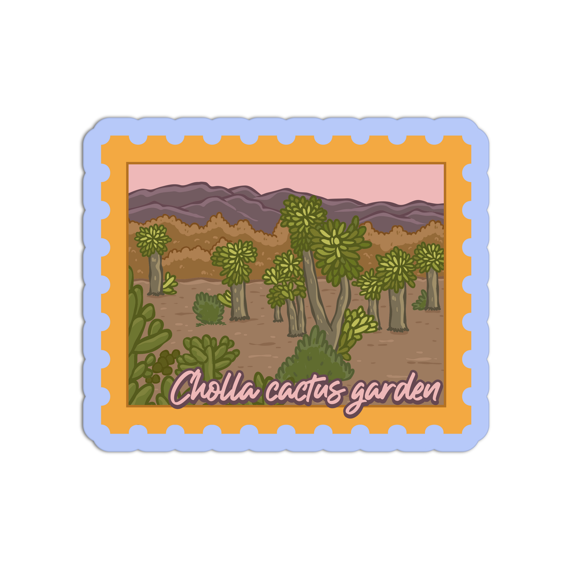 Sticker with a desert scene featuring cholla cactus and text on a white background