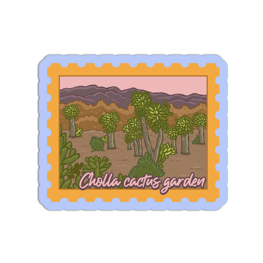 Sticker with a desert scene featuring cholla cactus and text on a white background