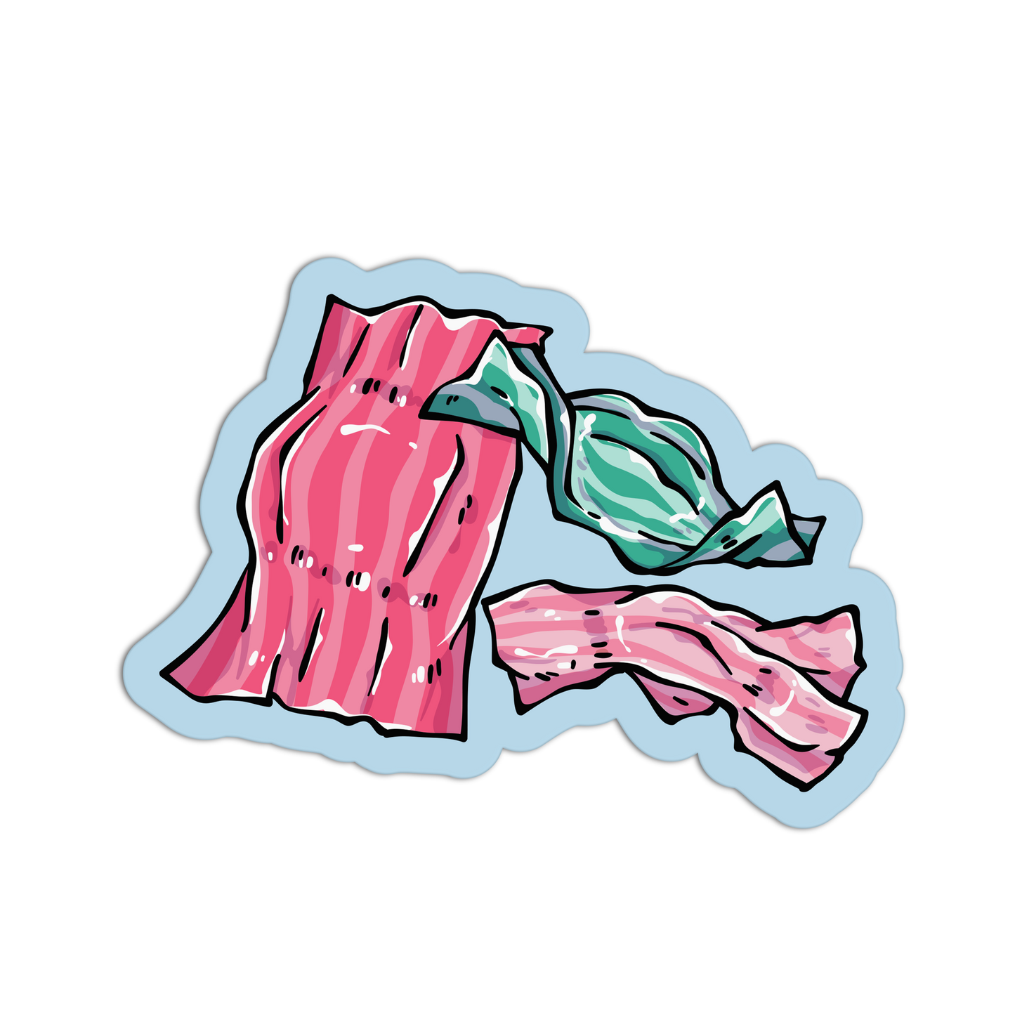 A die-cut sticker featuring a cartoon illustration of pink striped meatloaf and a green striped sausage on a light blue outline, shown on a plain white background.
