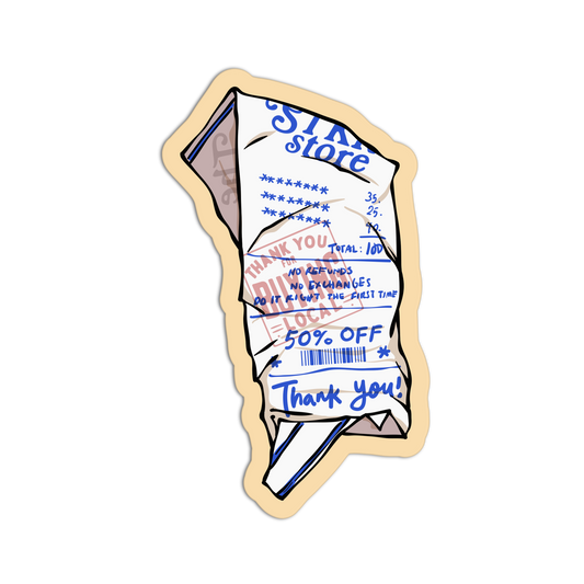A die-cut sticker shaped like a crumpled store receipt, featuring blue printed text and barcodes with a beige outline on a white background.