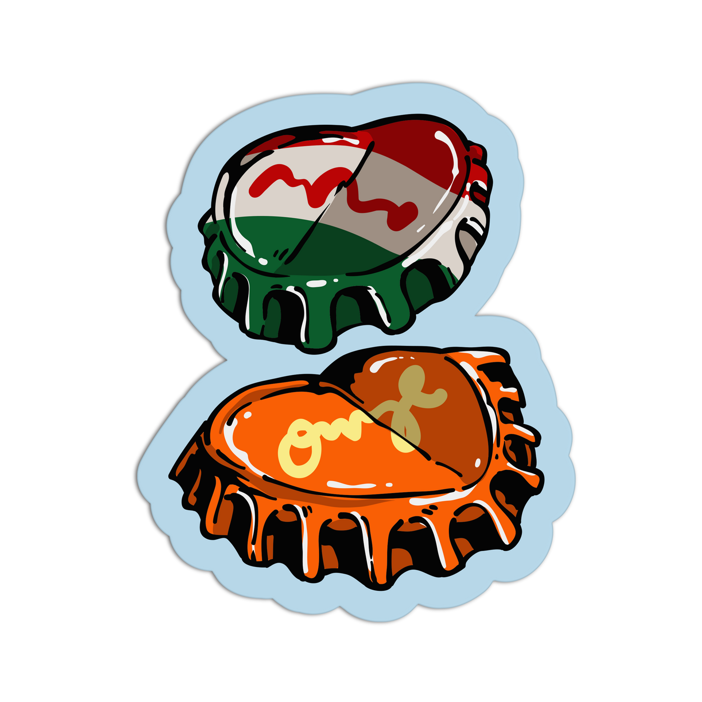 A die-cut sticker featuring two heart-shaped bottle caps. The top heart is decorated with the Iraqi flag colors (red, green, white) with a black star, and the bottom heart is orange with yellow calligraphy and a small cross.